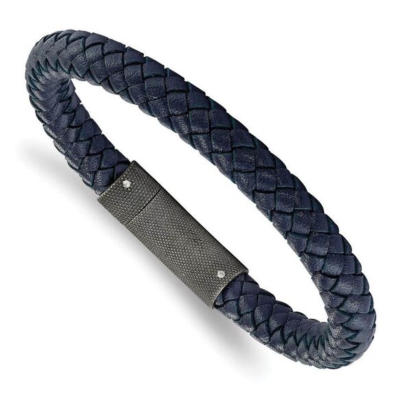 7.8mm Stainless Steel & Blue Leather Braided Bracelet 8.5 Inch